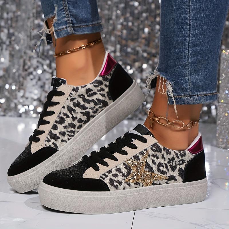 [Everyday Comfort] Women's Leopard Print Star Sneakers, Casual Lace-Up Low Top Shoes with Round Toe, Fabric Upper & Mesh Inner, PVC Sole