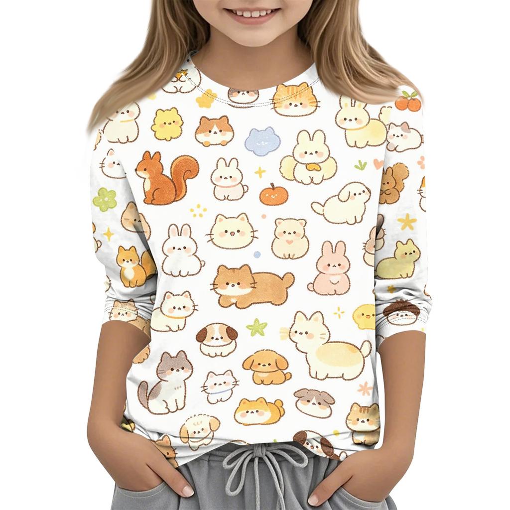 Kinder Tierdruck Rundhals Dreiviertelarm Lässiges T-Shirt Weicher Bequemer Stoff Geeignet für den Alltag und Spielzeit