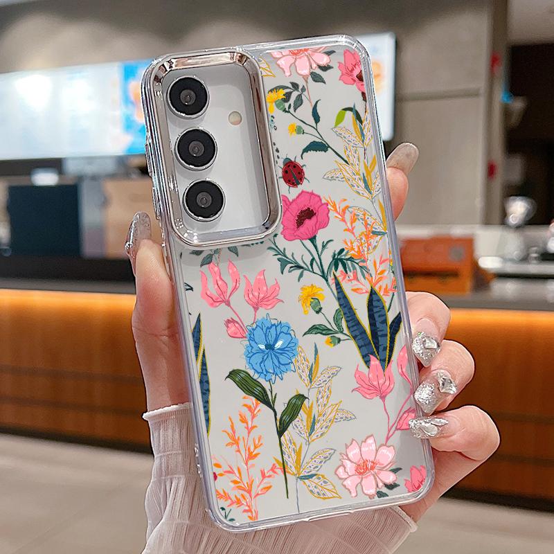 White Flower Pattern Case For Samsung S26 S25 Ultra S24 FE S23 Plus S22 S21 A15 A16 A17 A35 A36 A37 A54 A55 A56 A57 5G Plating Lens Soft Cover