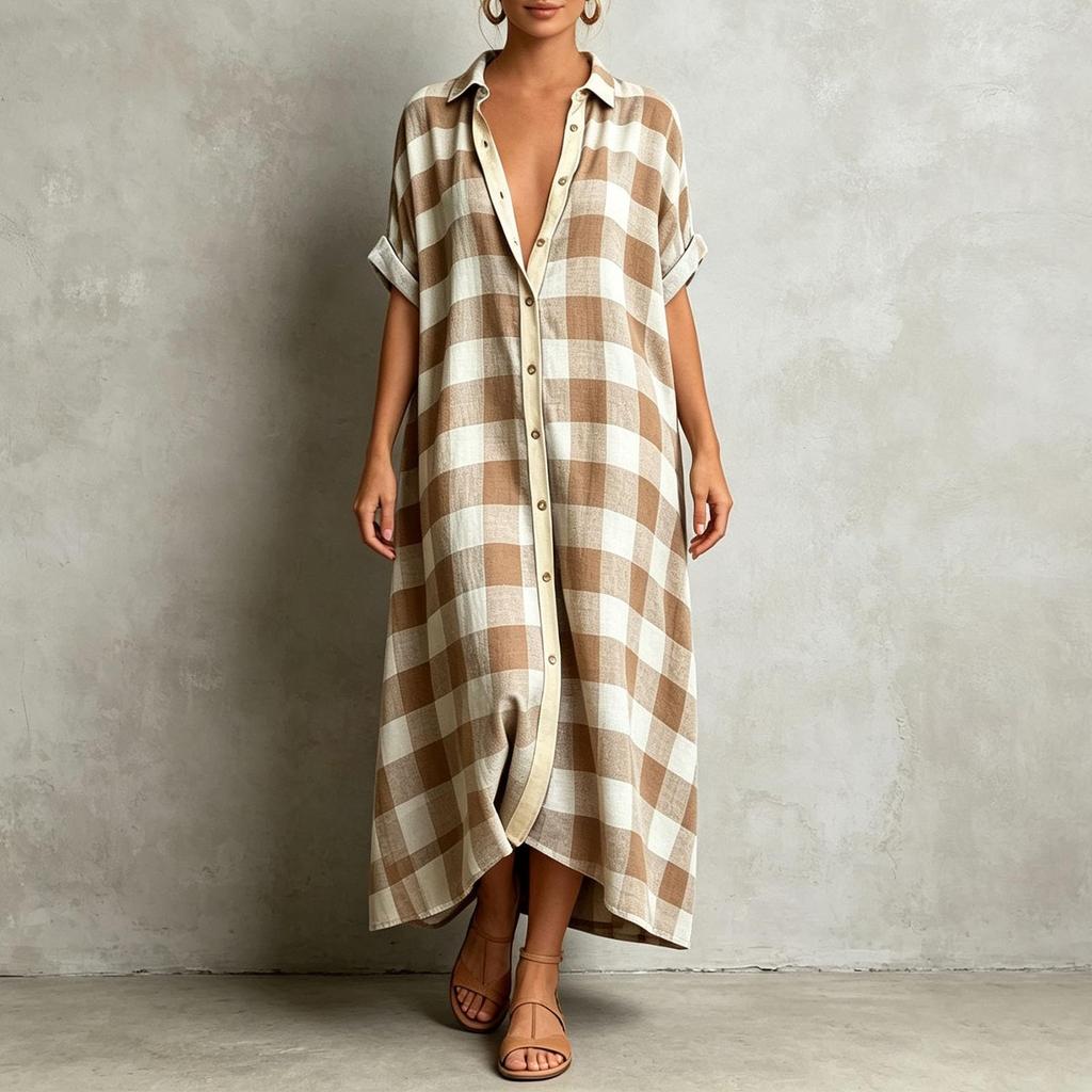 Women's Casual Plaid Short Sleeve Maxi Dress with Lapel for Vacation Beach Wear