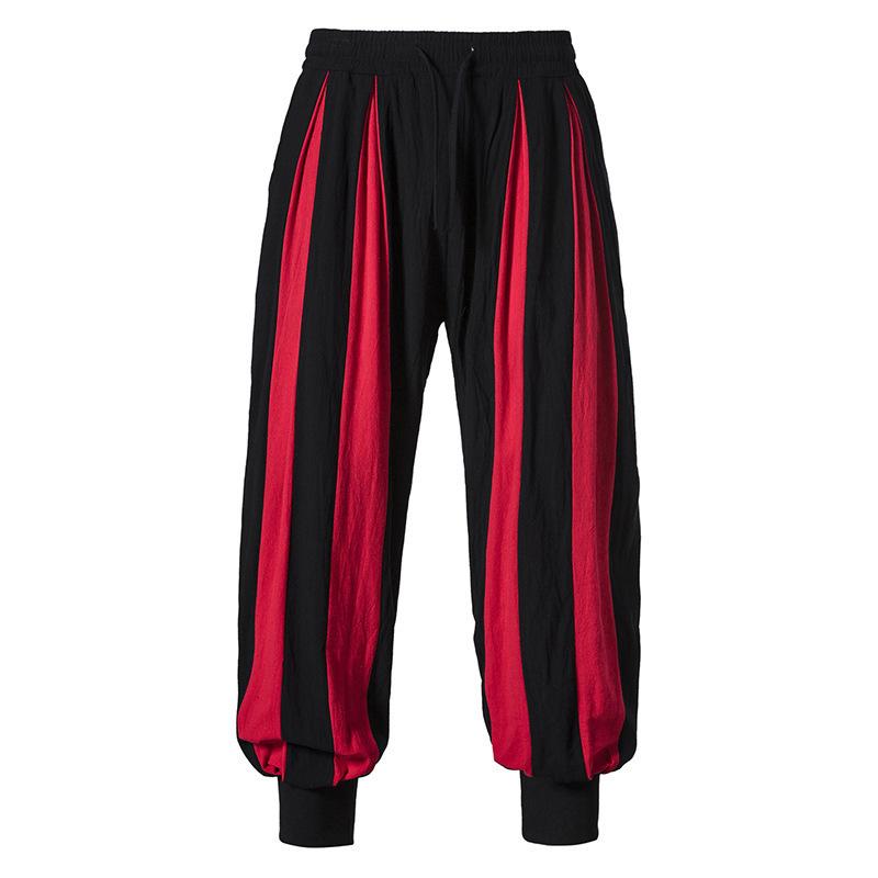 Autumn new men s cotton and linen color matching casual trousers men s bloomers S красный