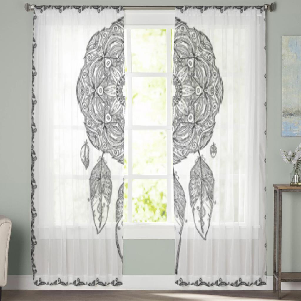 Black And White Dreamcatcher Sheer Curtain For Living Room Modern Voile Tulle Window Curtains For Bedroom Kitchen Drapes