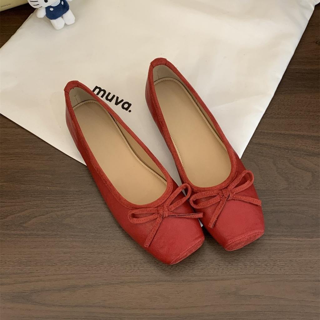 Square Head Shallow Mouth Early Spring Red Single Shoes Women's New Soft Flat-soled Doudou Shoes One Pedal Ballet Shoes Silver Shoes