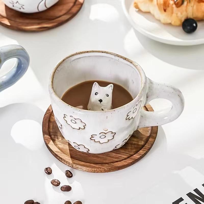 3D Cat Ceramic Mug with Animal Inside, Dog Figurine, Coffee Cup, Tea Milk Cups, Funny Cartoon Animal, Unique Birthday Gift