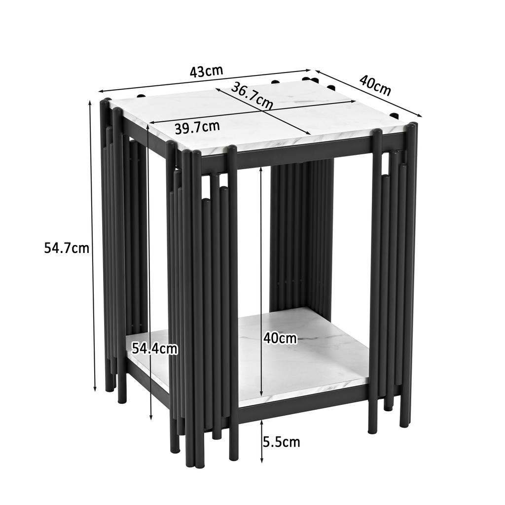 Modern nightstand with 2 shelves, black metal frame, side table in marble look, MDF, for bedroom and hallway, White and Black - H55/W43/D40 cm