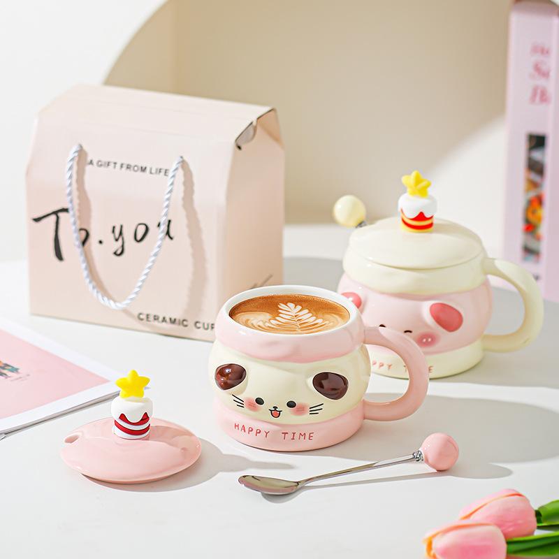 Cute Ceramic Water Cup Birthday Gift for Girls Super Cute and Beautiful Couple Mug with Lid Spoon Cup Souvenir