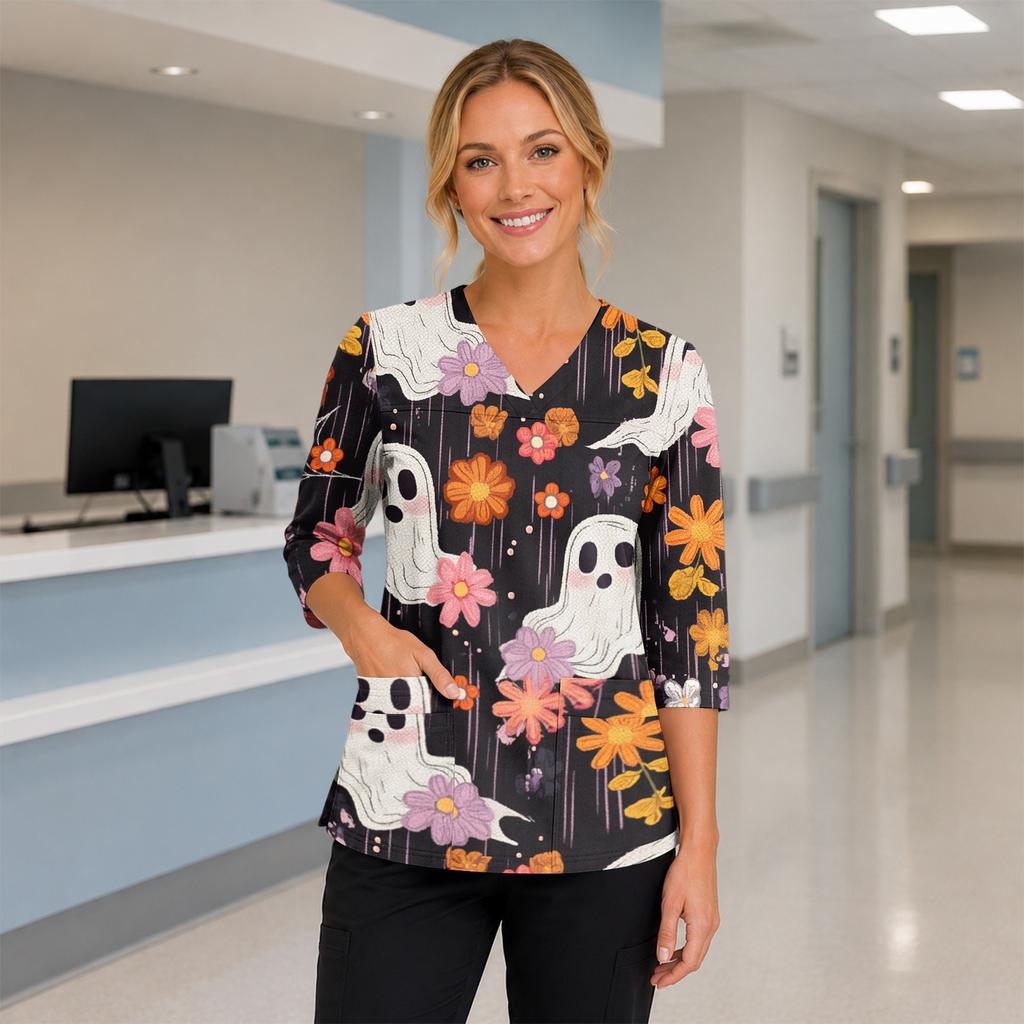 Womens Halloween Print V Neck Medical Scrub Top with Side Slits Three Quarter Sleeves and Front Pocket Nurse Uniform Shirt