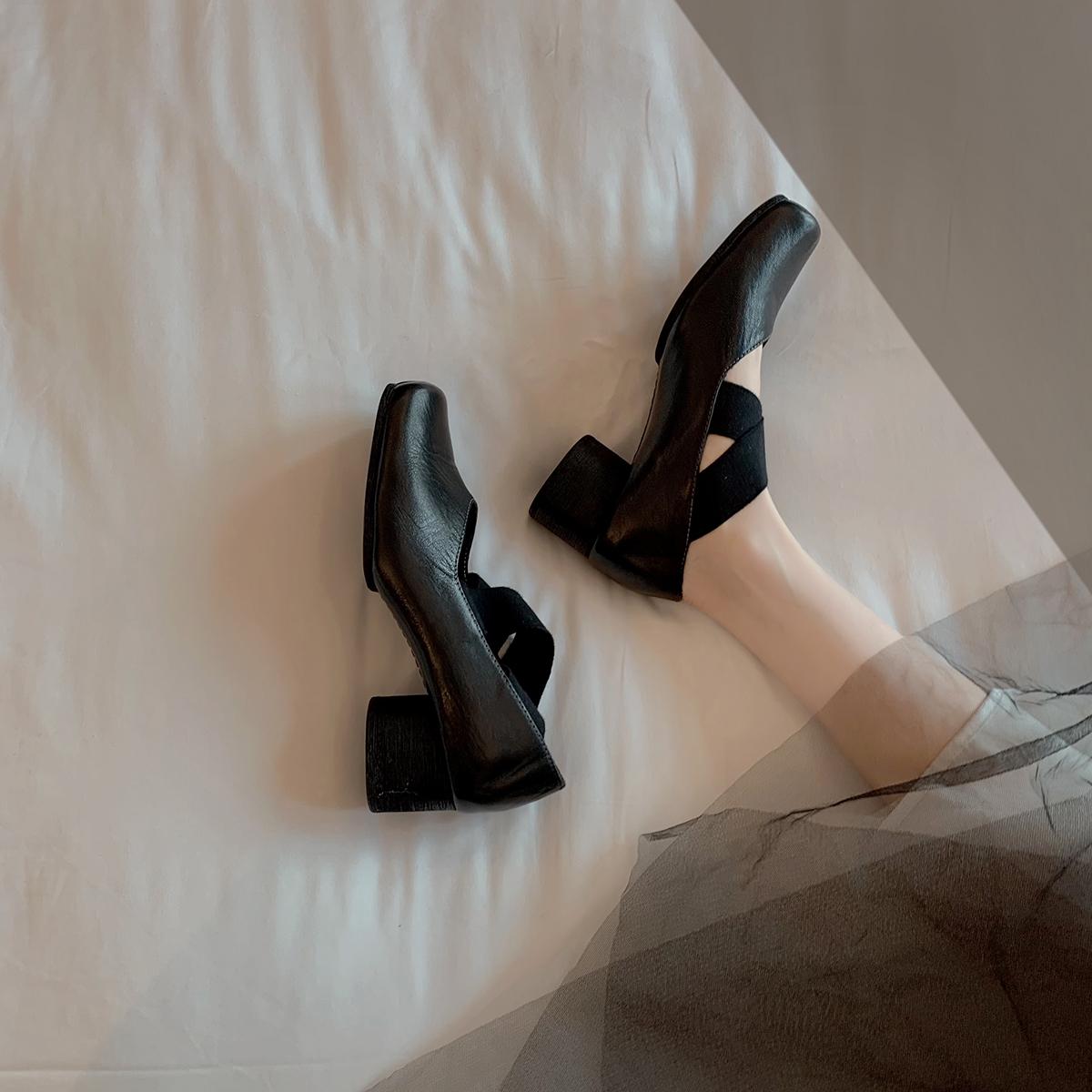

Lan Cabinet 2025 Spring and Summer New High Heel Mary Jane Single Shoes Retro Cross Strap Square Head Soft Leather Coarse Heel Ballet 35 чёрный