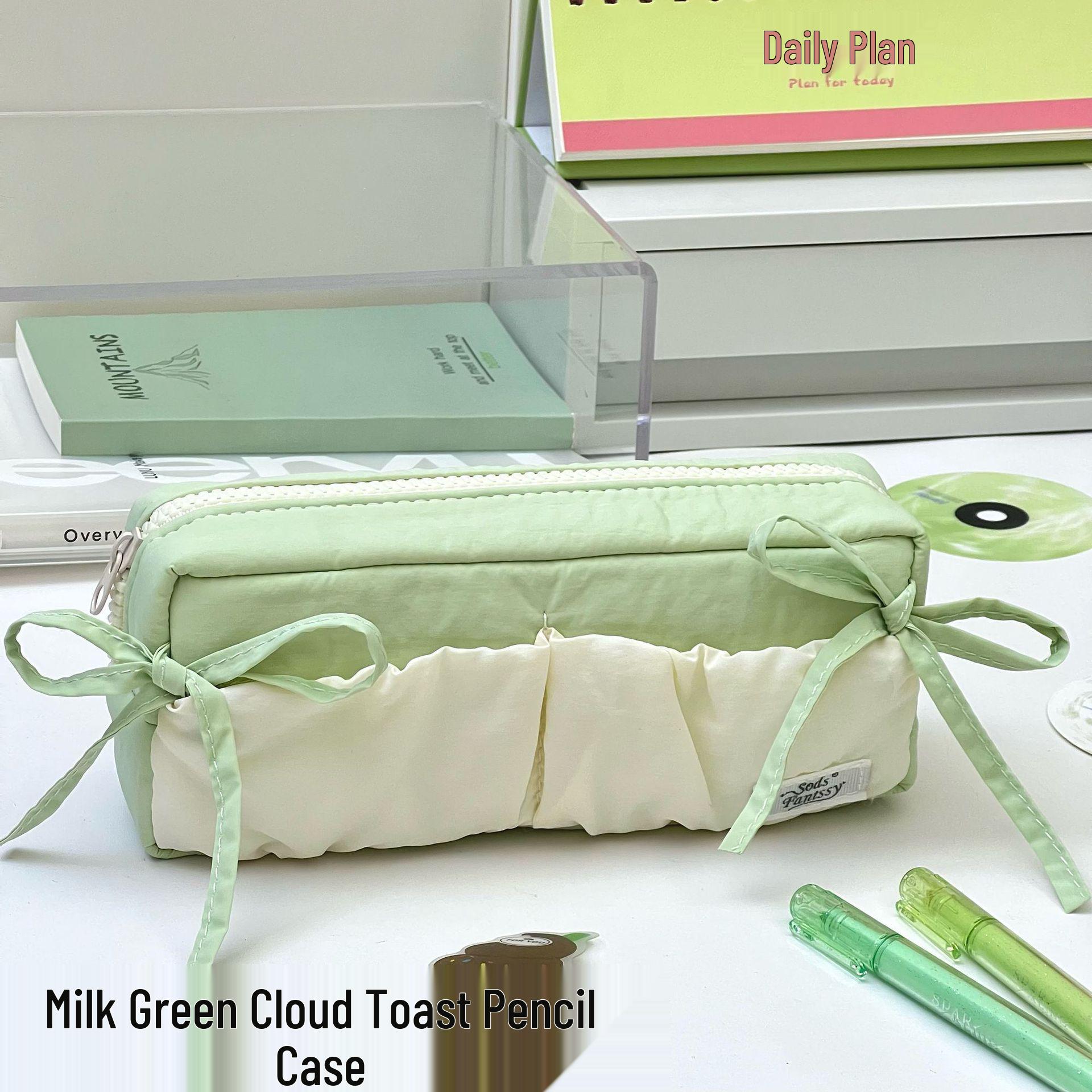 Пенал  Облачный Тост  с лентой-бантом, Бело-зеленый, Вдохновленный Xiaohongshu White Green Cloud Toast Bow Pencil Case