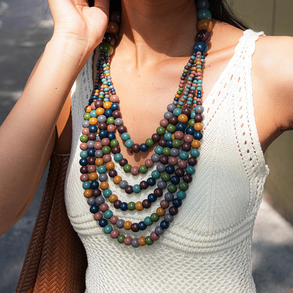 Mehrschichtige Pulloverkette mit Holzperlen, Halskette im böhmisch-ethnischen Stil