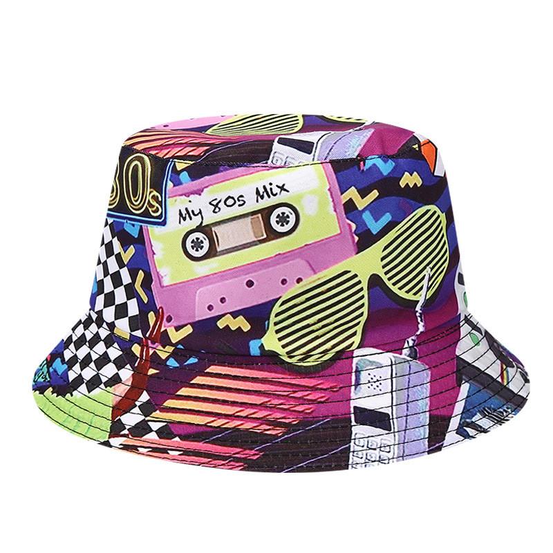 80s 90s Vintage Geometric Print Fisherman Hat With Sun Protection For Outdoor Activities
