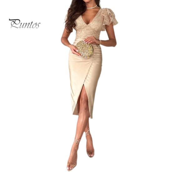 

Женское вечернее платье с глубоким V-образным вырезом, облегающее платье с разрезом подол и рюшами с короткими рукавами, прозрачное кружево, чистый цвет, плиссированное платье миди для выпускного вечера, свиданий L абрикосовый