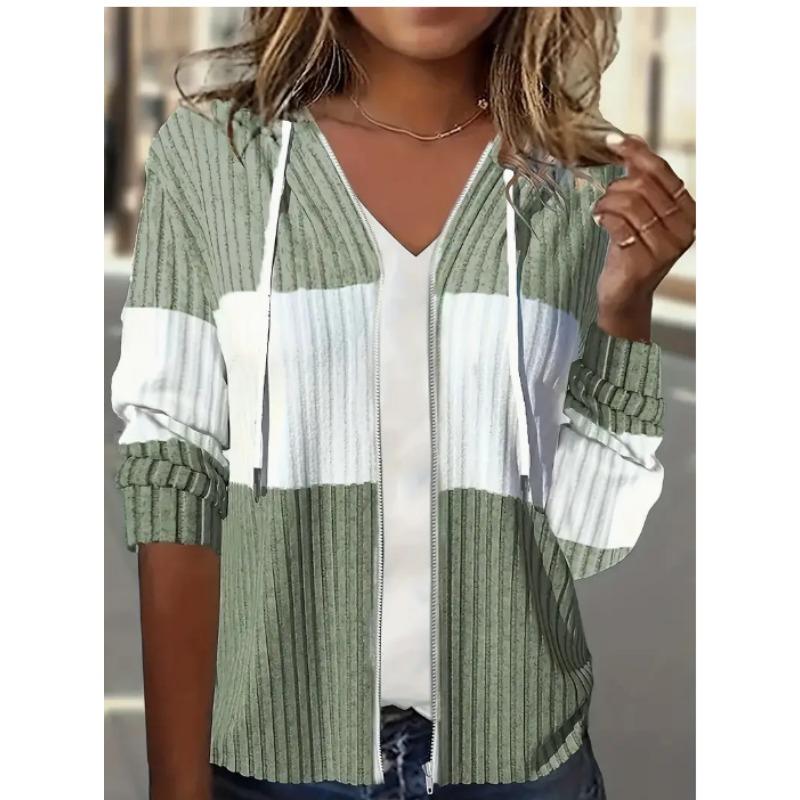 Women Rib Knit Zipper Drawstring Hooded Long Sleeve Casual Sweatshirt