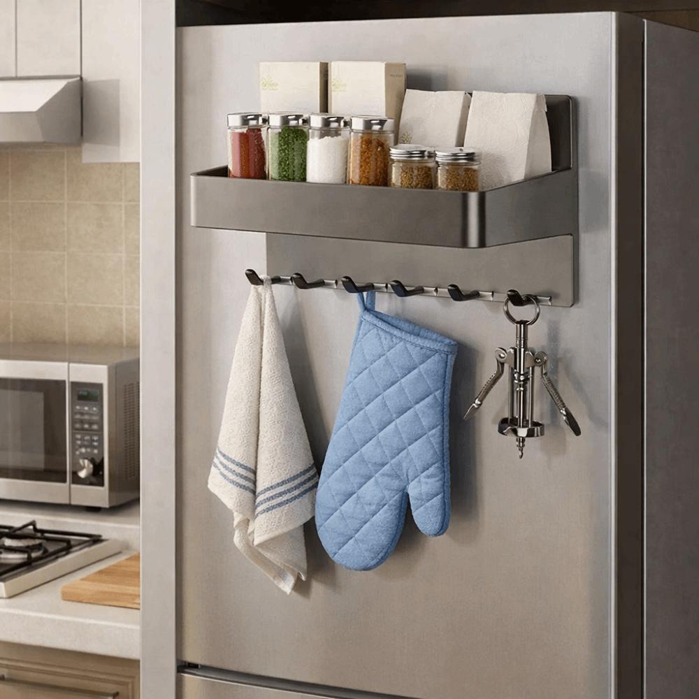 Carbon Steel Magnetic Storage Rack Wall Mounted Large Capacity Refrigerator Side Storage Rack with Hooks Punch Free Spice Rack