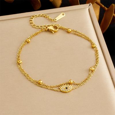 Vergoldetes CZ Böser Blick Doppellagiges Armband, Armschmuck mit Perlen aus Edelstahl, Wasserdichtes Boho-Armband für Damen Geschenk