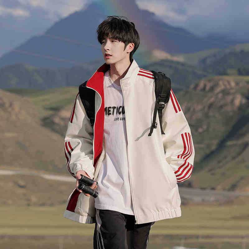 Side Striped Color-blocking Stand Collar Jacket for Men In Spring and Autumn New Loose Casual Sports Jacket