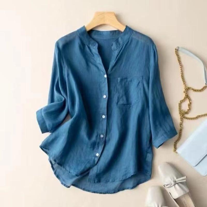 women stand collar linen blend shirt three quarter sleeve loose fit casual blouse