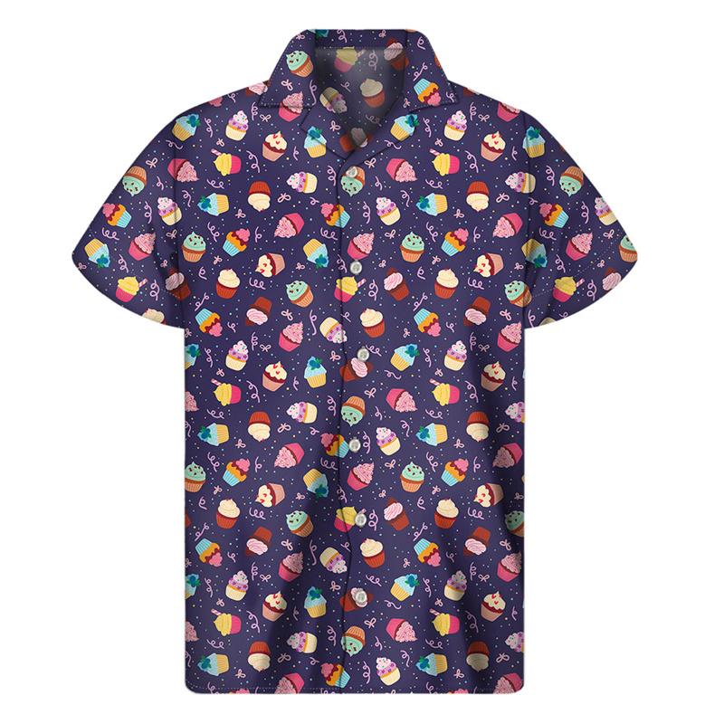 Camicie Hawaiane Grafiche con Cupcake Cartoni Animati da Uomo Camicia a Revers con Cibo Estiva Street T-shirt Larghe Bottoni Maniche Corte Blusa