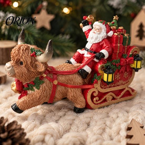 Small Sleigh Figurine for Shelves Christmas Santa Highland Cow Figurine, Resin Claus Hand Painted Winter Wonderland Collectibles Tabletop Decoration