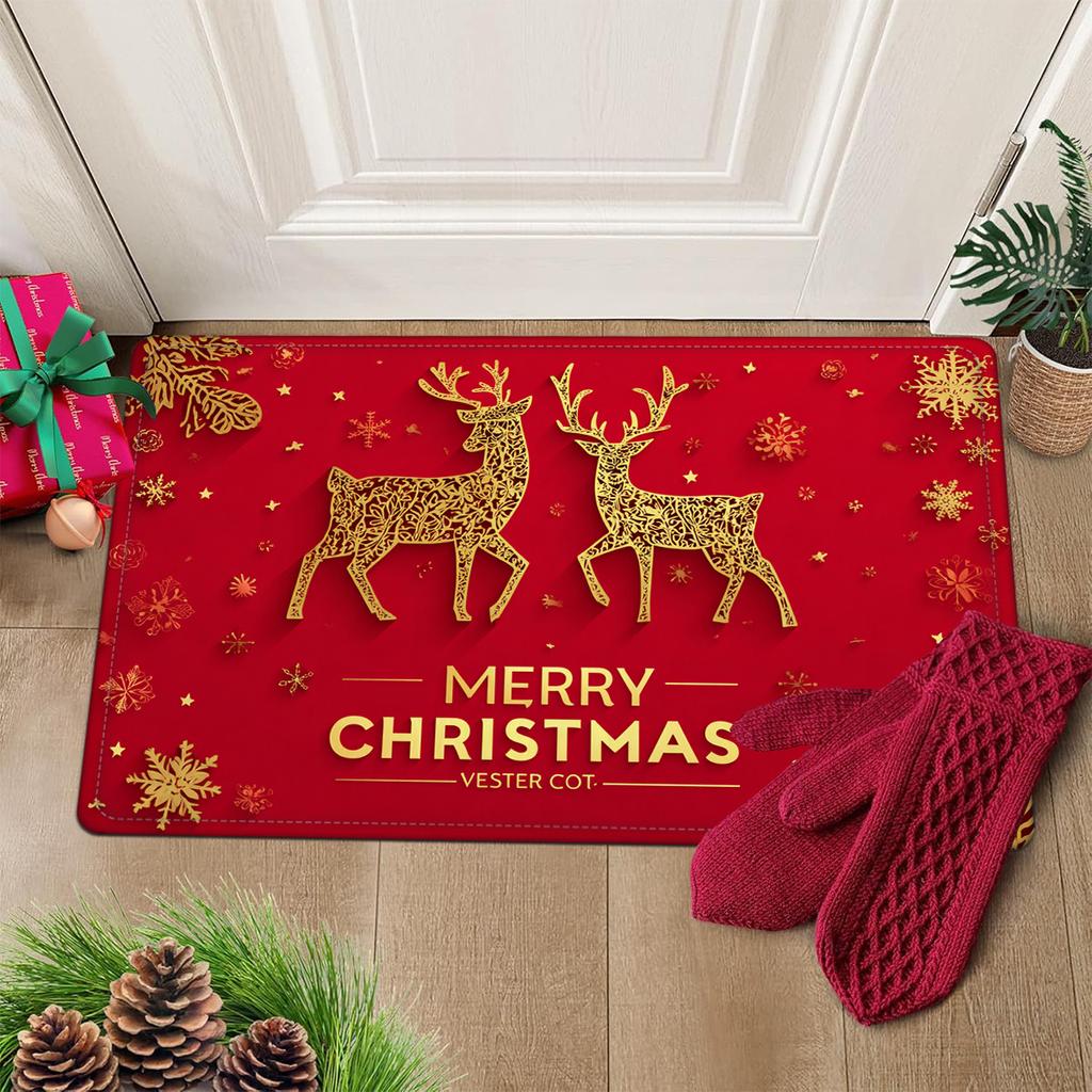 Burgundy Gold Glitter Luxury Door Mat Carpet,Reindeer Design Non-Slip Machine Washable for Christmas New Year's Front Door Decor