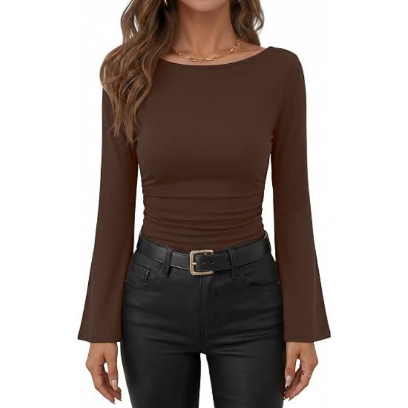 Women S Slim Fit Long Sleeve Flared Sleeve T Shirt Solid Color