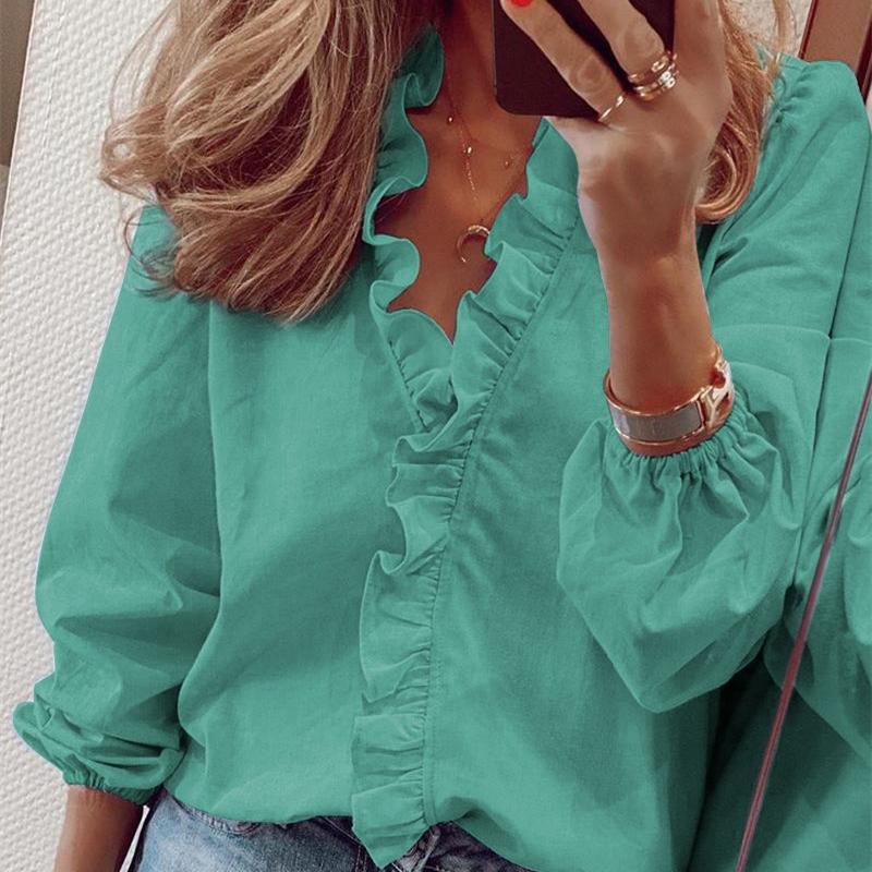Women's Fashion Casual Summer Spring Long Sleeve Blouses & Shirts Ruffled edge shirt Solid Color Chemise Womens Tops