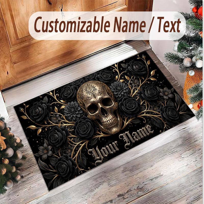 Totenkopf Gothic Thema Weicher Kristall-Samt Teppich Benutzerdefinierter Name & Text Druck Rutschfester Boden Teppich für Schlafzimmer Wohnzimmer