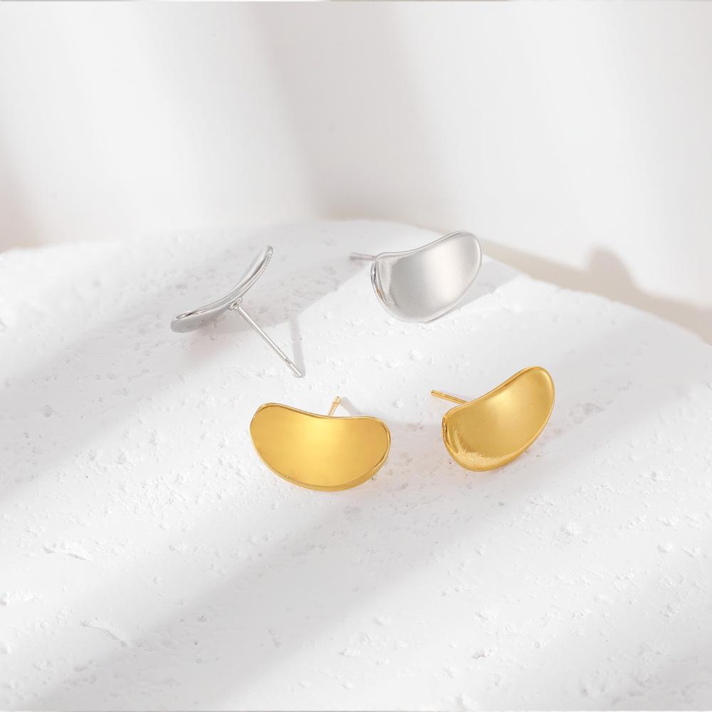 18K Gold Lentil Stud Earrings Glossy Simple Versatile Premium Geometric Warped Edge Earrings Earrings