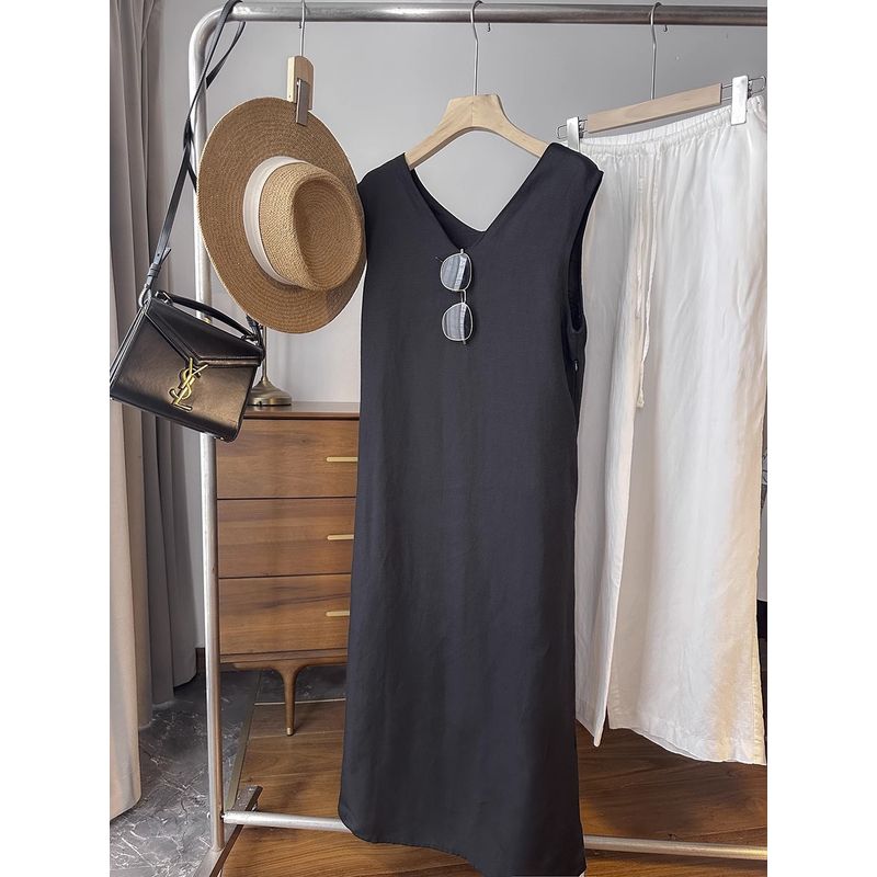 

Cake End! Double-Sided Wear ~ French Minority Stylish All-Matching Sleeveless Twisted Knot Linen Dress Straight Skirt Women Black M