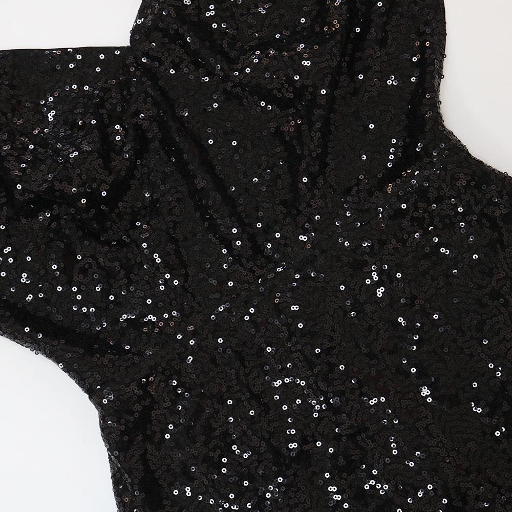 European & American Sexy Feather Sequin High Slit V-Neck Open Back Party Dress