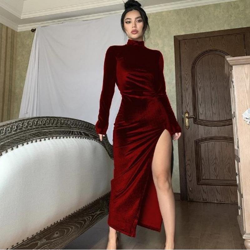 High Neck Long Sleeve Velvet Slim Fit Ruched Slit Dress for Women