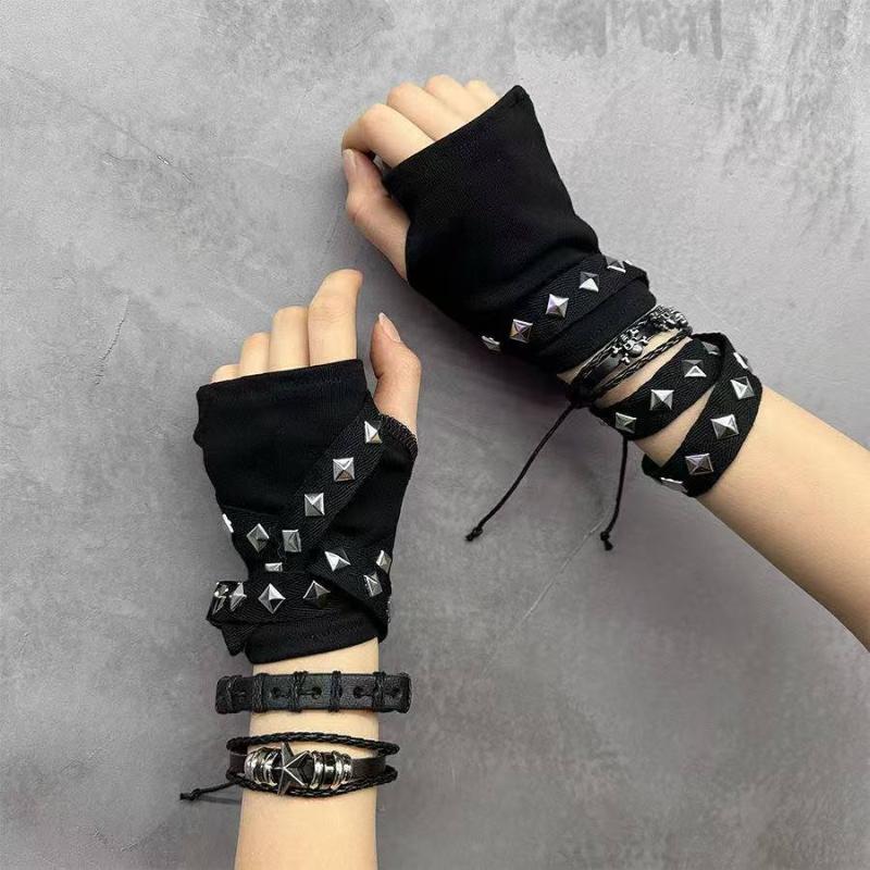 Gothic Punk Fingerless Gloves Rivet Oversleeve Black Cuff Cosplay Hip Hop Costumes Accessory