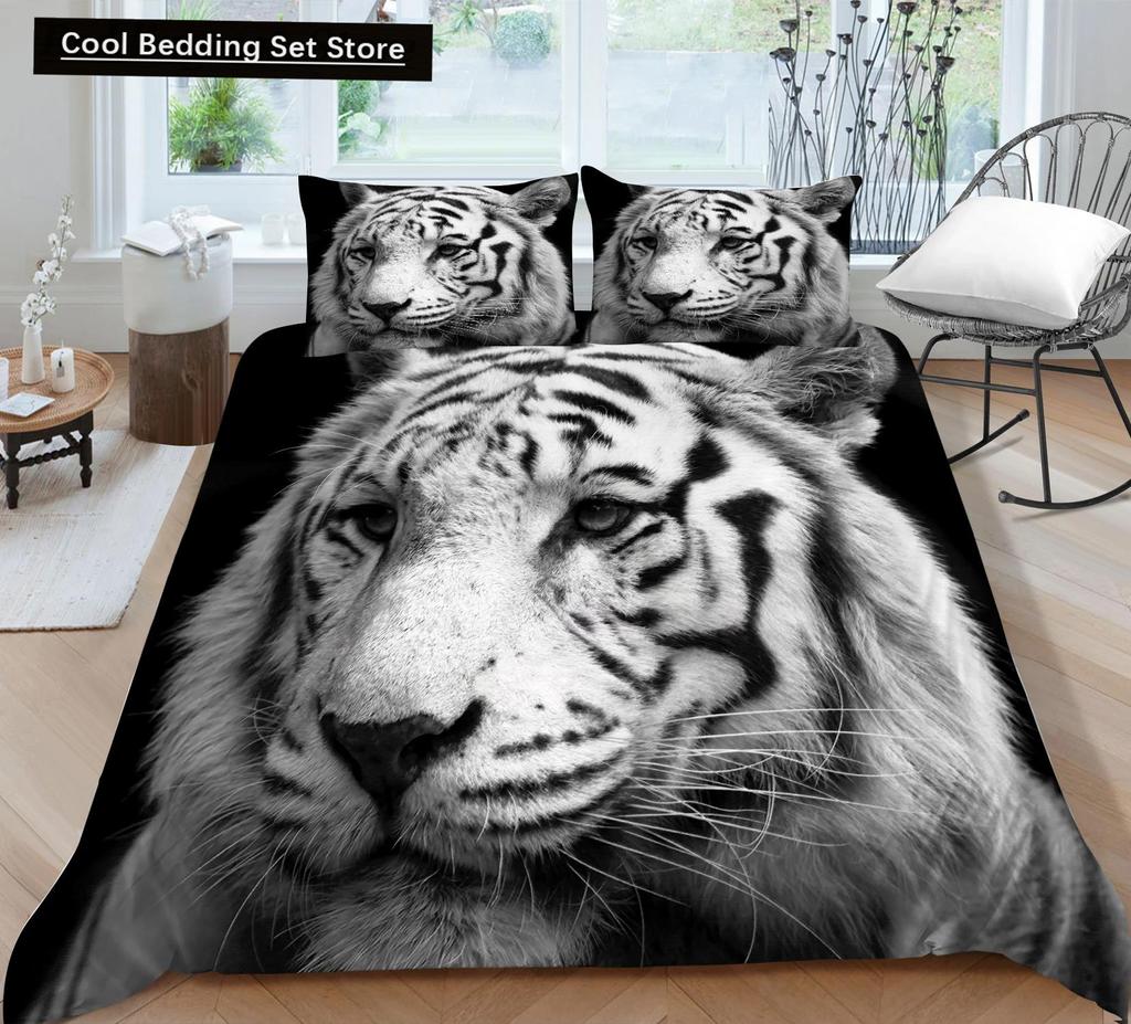 Tiger Duvet Cover Set Red Rose Flower Comforter Cover Boys African Safari Wild Animals Big Cat Queen King Polyester Qulit Cover