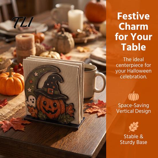 Kitchen Countertop Decoration Halloween Wood Napkin Holder, Rustic Ghost Skeleton Owl Pumpkin Dispenser, Tissue Holder Vintage Tabletop Standing