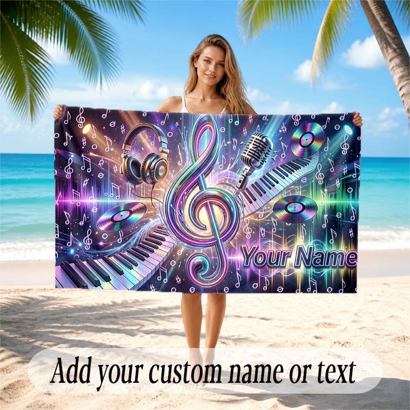 Music General Theme Beach Towel Personalized Custom Name & Text Soft Quick Dry Beach Towel for Swimming Travel