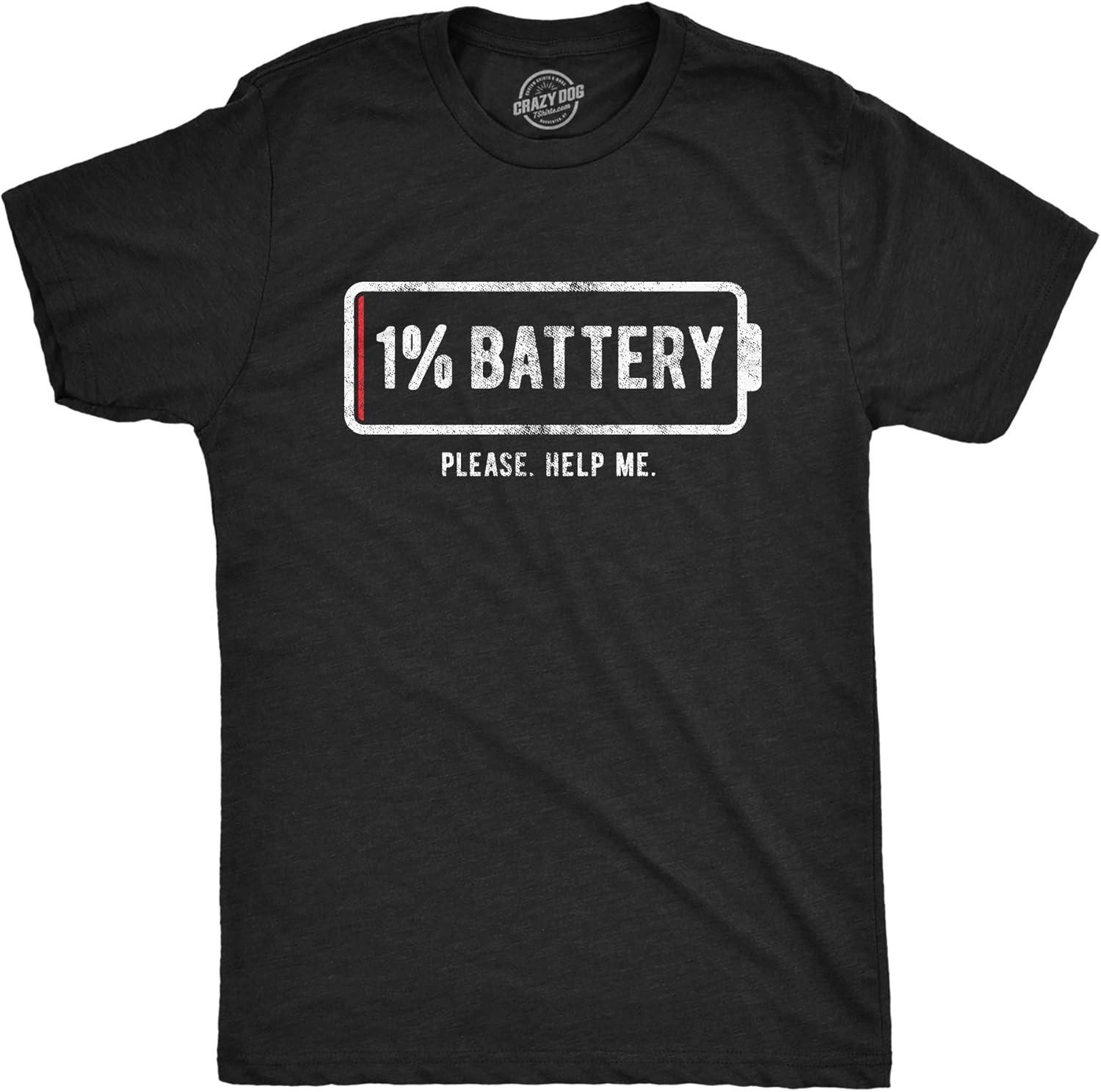 Mens 1% Battery Please Help Me T Shirt Funny Running On Empty Graphic Tee XXXXXL чёрный