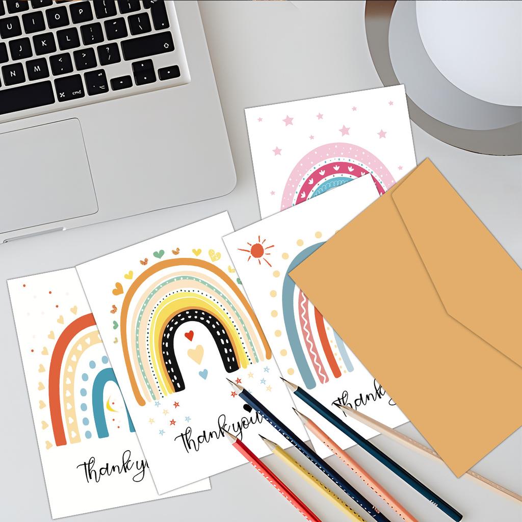 12pcs Cute Rainbow Heart Thank You Cards Set with Envelopes, Birthday Greeting Cards with Messages for Invitations & Gifts