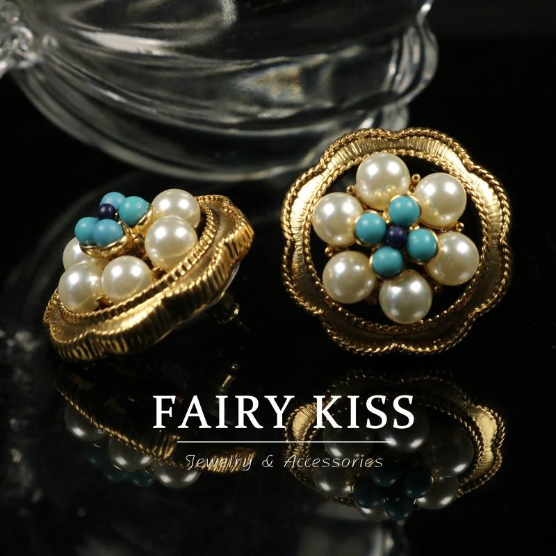 Stylish Round Inlaid Turquoise Imitation Pearl Stud Earrings Exquisite Alloy Short Necklace Women's Versatile Exquisite Set