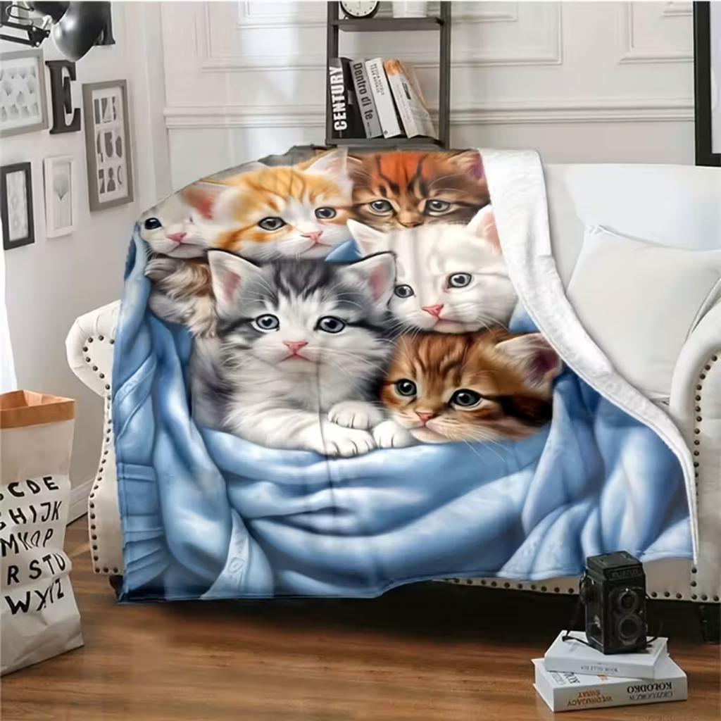 1pc Black Blanket Lovely Cat Printed for Home Living Room Bedroom Decoration New Year Christmas Gift Birthday Gift