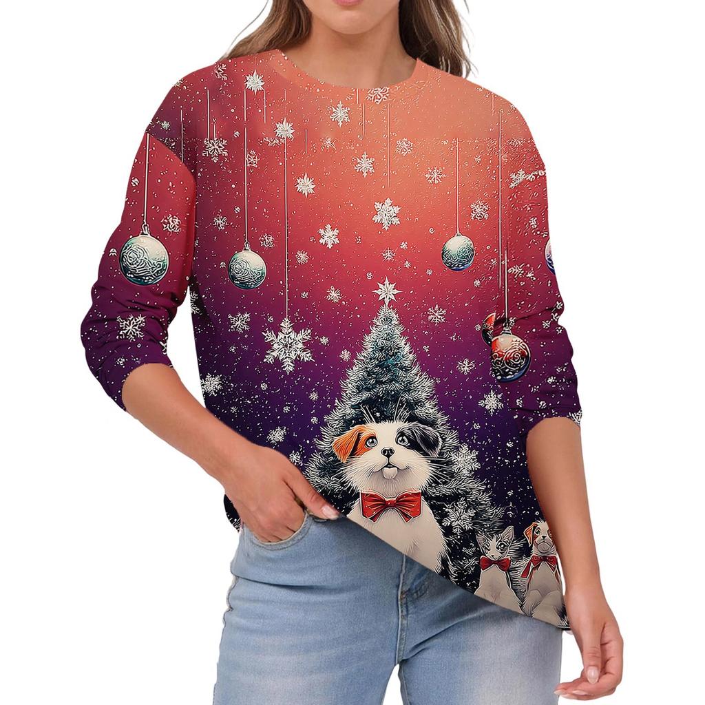Women's Fashion Casual Christmas Print Round Neck Solid Color Long Sleeve Top
