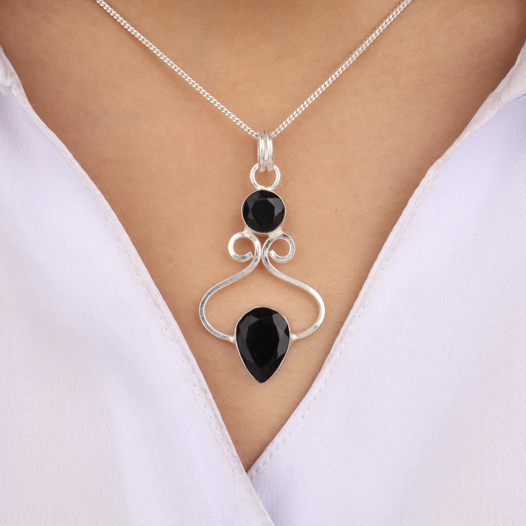 Black Onyx Gemstone 925 Sterling Silver Handcrafted Pendant 1.5" Gift For Wife PP-13-13