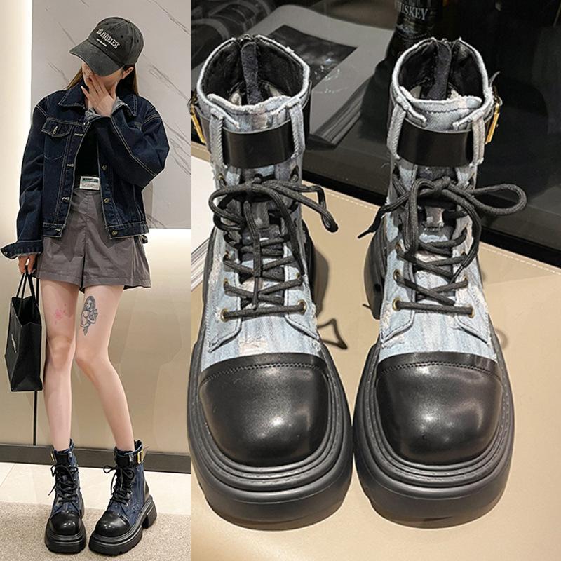 

Женские короткие ботинки в европейском и американском стиле, новинка осени и зимы 2024 года, дышащая женская обувь из парусины на толстой подошве, кроссовки 40 светло-синий