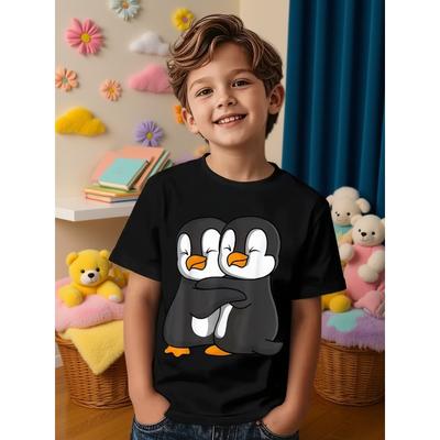 T-shirt a tema Pinguino Carino per Bambini, Taglie Europee, con Scollo Rotondo e Stile Streetwear Casual, con un Divertente Disegno di Pinguino
