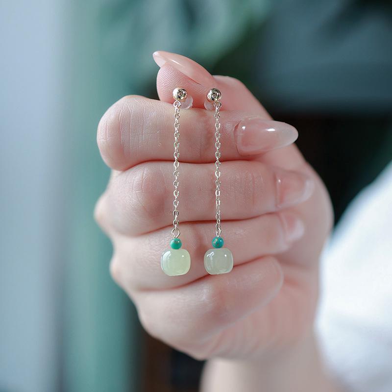 Elegant Jade & Turquoise Apple Bead Earrings with 14k Gold Plated Ear Wires - Chinese Style for Women