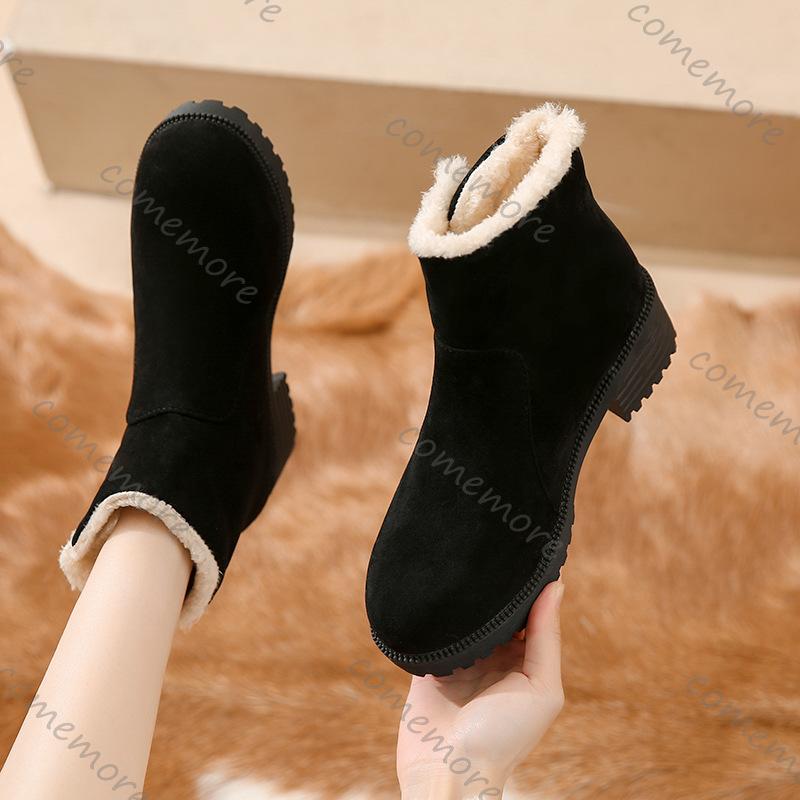 Comemore Winter New Square Heel Cotton Boots Round Toe Suede Padded Warm Snow Botas Casual Side Zipper Platform Booties