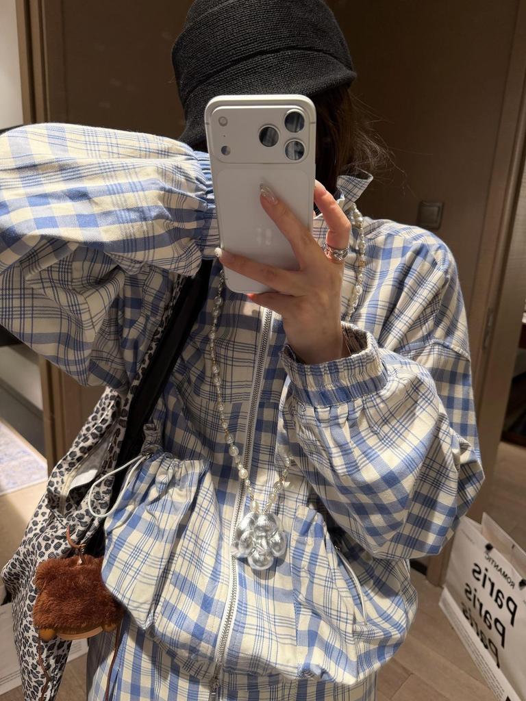 Women's Blue & White Plaid Drawstring Jacket & Pleated Skirt Two-Piece Set for Early Spring