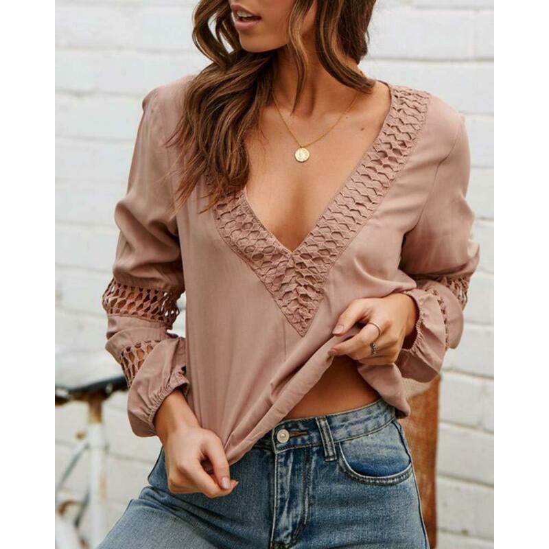 Sexy Tops Women Long Sleeve Loose T-shirt Summer Women Casual T-shirts V-neck Top Hollow-out Lantern Sleeve T-shirt