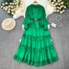 Elegant Crochet Lace Dresses for Women Hollow Out O Neck Lantern Sleeve A Line Belted Vestidos Court Style Dress Dropship