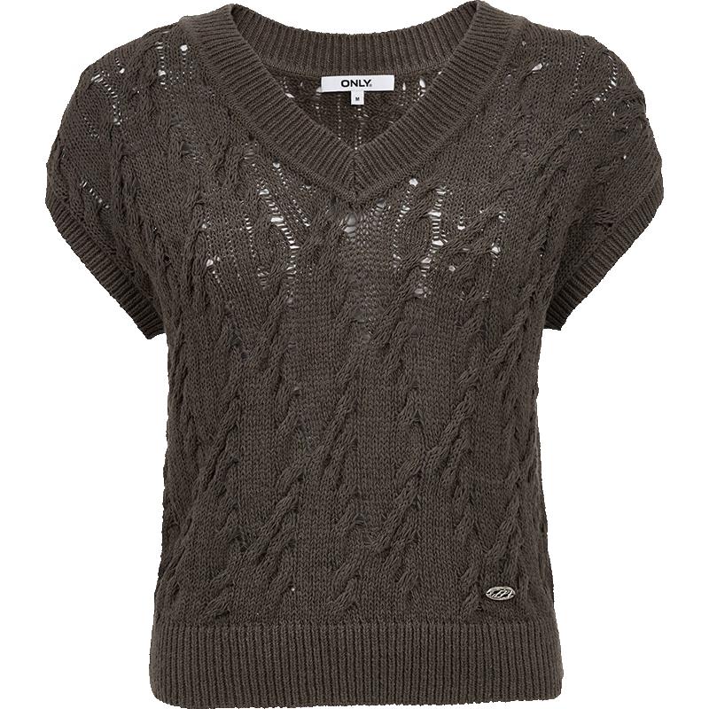 ONLY Women's Hollow Out Cable Knit V-Neck Short Sleeve Sweater