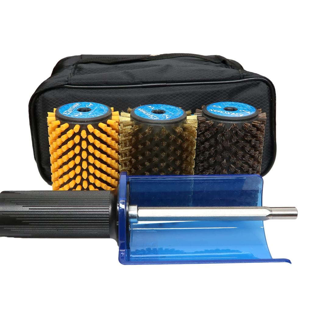 Snowboard and Ski Waxing Brush Rotating Brush Set with Bearing 3 Brass or Cork and Horsehair Brush Handle, Brushes, Nylon, Horsehair, (Brass, Nylon,